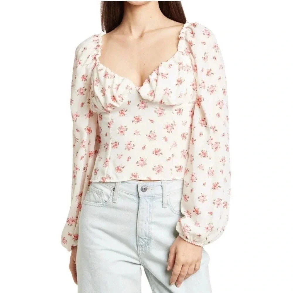 Abound Woven White Ditsy Floral Bustier Blouse Large NWT
